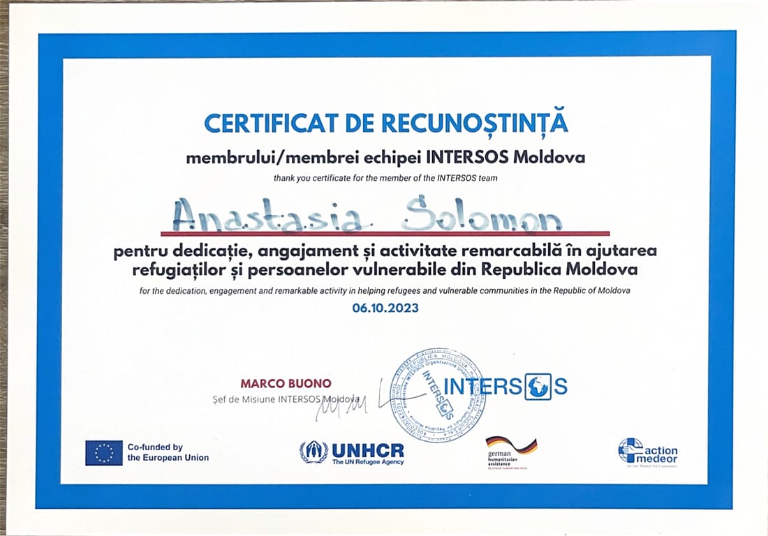 Certificat de recunoștință — INTERSOS — UNHCR · Republica Moldova, 2023