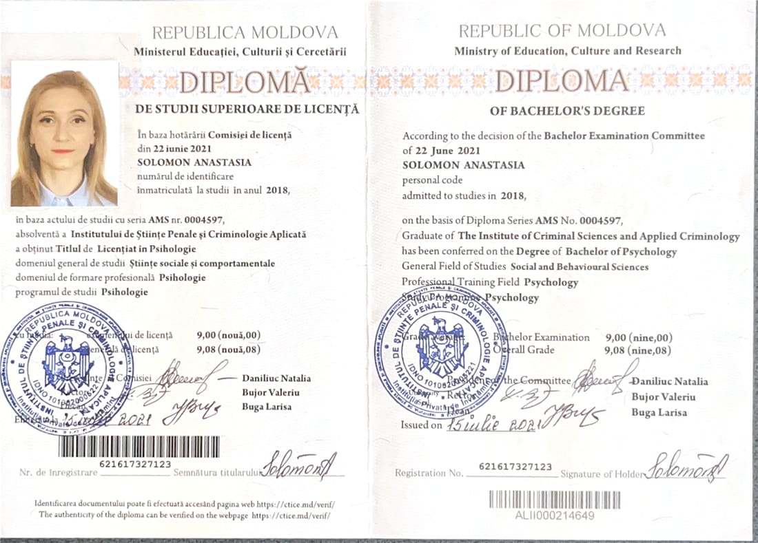 Licență în Psihologie — Institutul de Științe Penale și Criminologie Aplicată, 2021