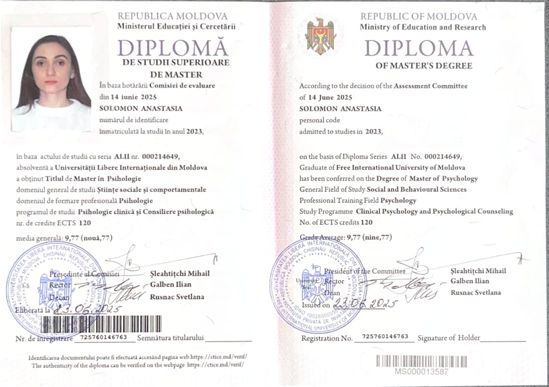 Master în Psihologie Clinică și Consiliere — Universitatea Liberă Internațională din Moldova, 2025