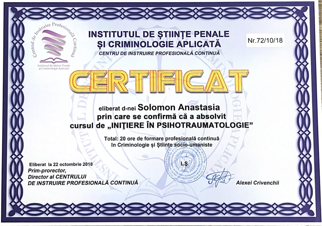 Inițiere în psihotraumatologie — Inst. de Științe Penale și Criminologie Aplicată, 2018
