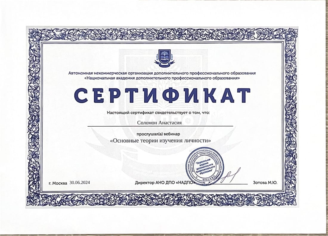 Teoriile de bază ale studiului personalității — НАДПО, Moscova, 2024